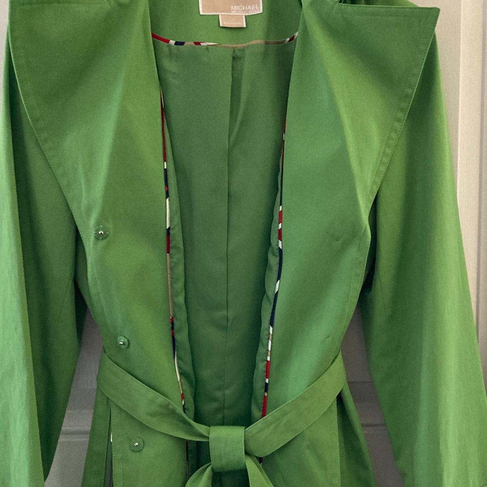 Michael Kors Trench Coat/Snap Front/Tie Belt/Detachable Hood/Green/Large/NEW! - Picture 5 of 7